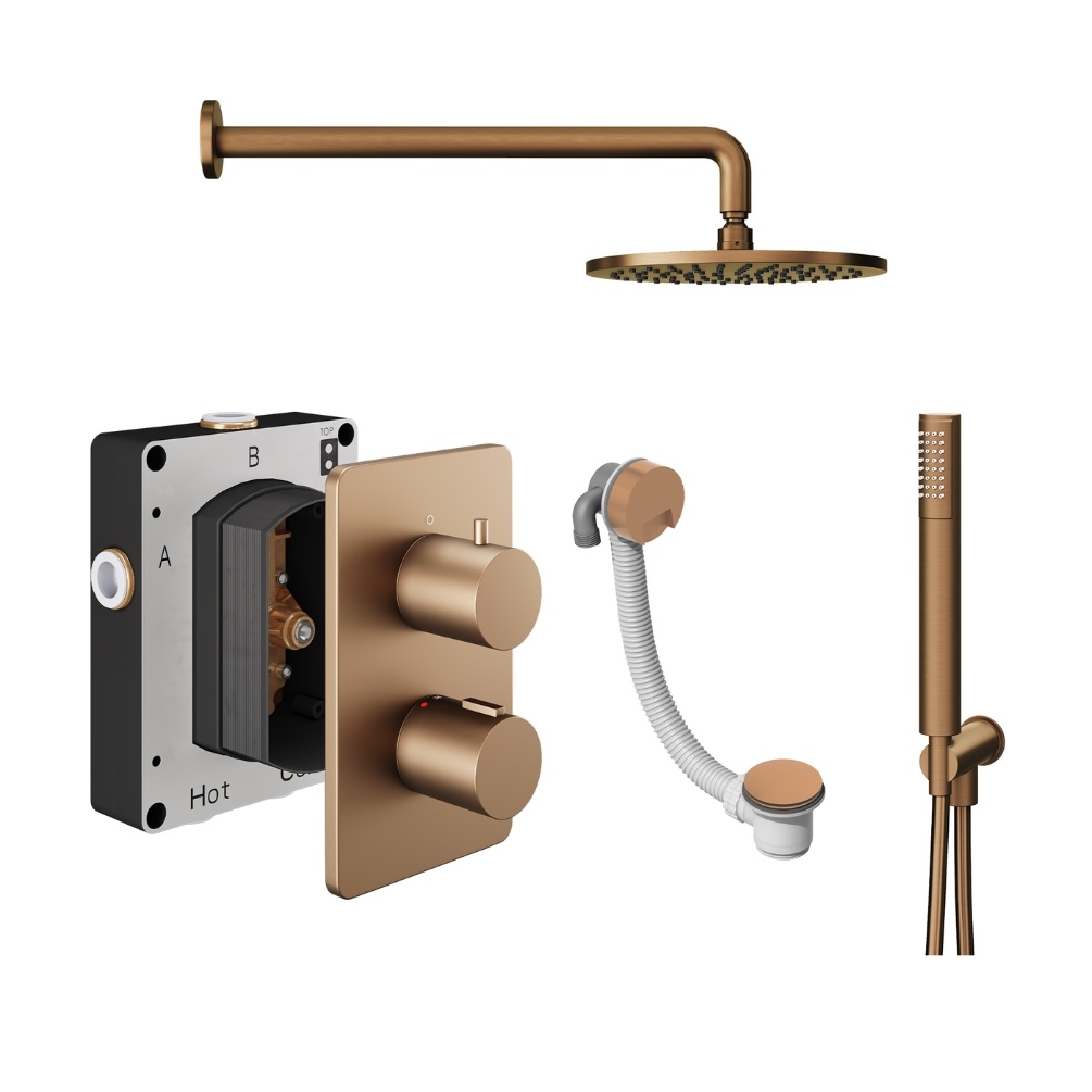 Product Cut out image of the Abacus Iso Brushed Bronze 3 Outlet Shower Pack with Bath Filler & Handset